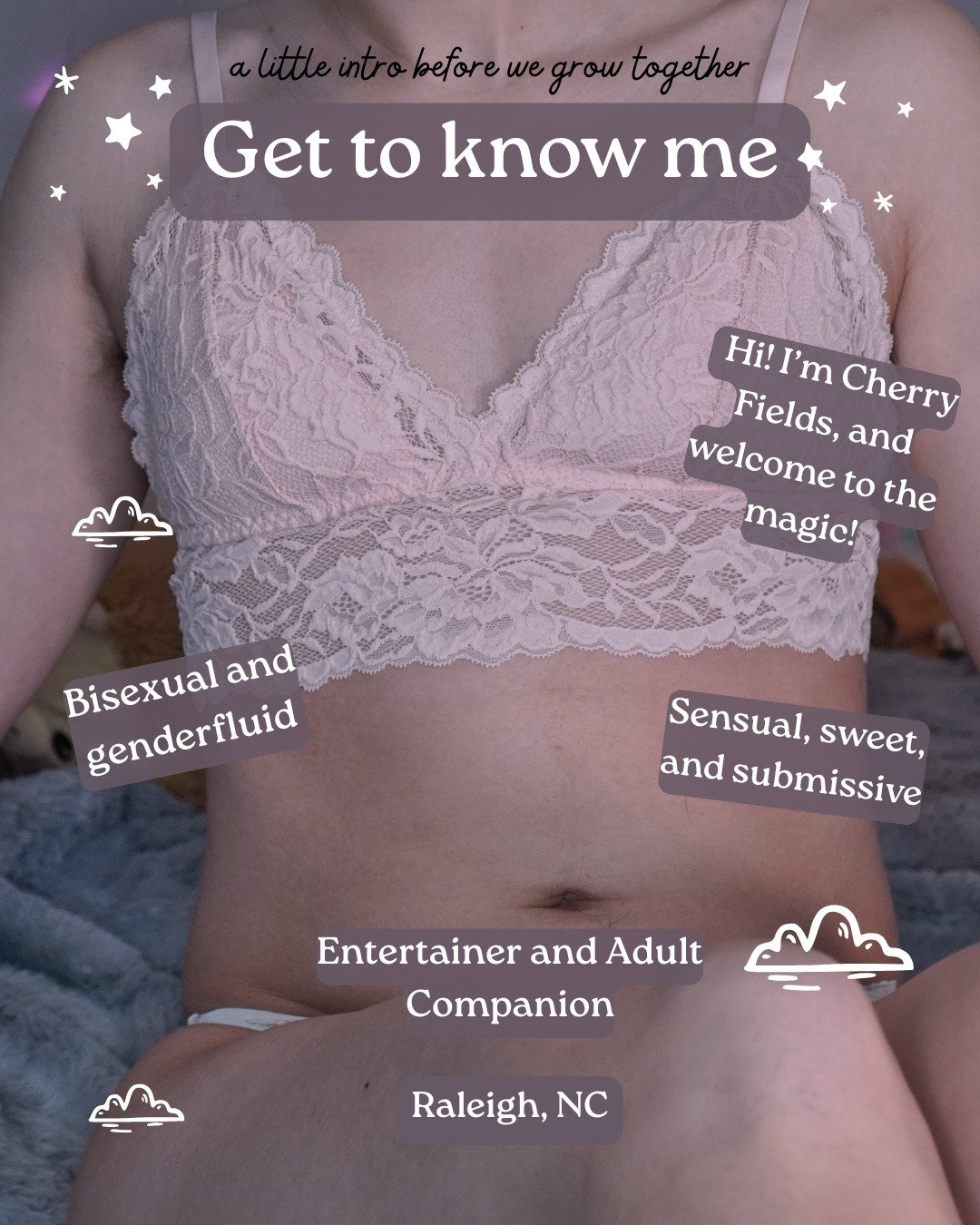 A picture of escort Cherry Fields wearing soft pink lingerie. At the top, black cursive reads, "a little intro before we grow together". There is white font reading, "Get to know me". White font with a purple background is layered throughout the photo in bubbles. They read, "Hi! I’m Cherry Fields, and welcome to the magic!", "Bisexual and genderfluid", "Sensual, sweet, and submissive", and "Entertainer and Adult Companion, Raleigh, NC"