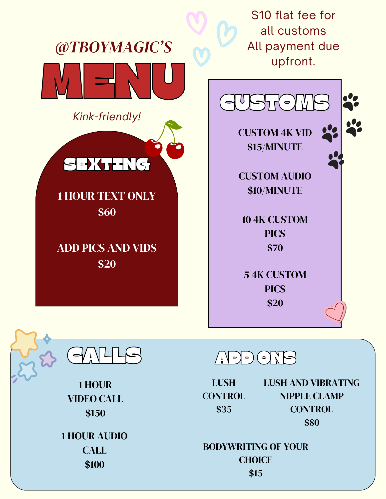 A pastel colored flyer showing Tboymagic's menu